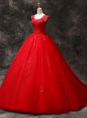 Prom Dresses With Sleeve, Gorgeous Red Tulle Ball Gown Long Formal Dress with Lace Flowers, Red Sweet 16 Dresses