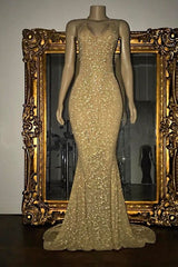 Yellow Prom Dress, Gorgeous Sequined Mermaid Spaghetti-strap Long Sleevesless Prom Party Gowns