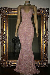 Vintage Prom Dress, Gorgeous Sequined Mermaid Spaghetti-strap Long Sleevesless Prom Party Gowns