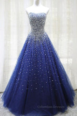 Cocktail Dress, Gorgeous Strapless Blue Tulle Beaded Long Prom Dresses, Beaded Blue Formal Evening Dresses, Beaded Ball Gown