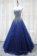 Ball Gown, Gorgeous Strapless Blue Tulle Beaded Long Prom Dresses, Beaded Blue Formal Evening Dresses, Beaded Ball Gown