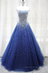 Mini Dress, Gorgeous Strapless Blue Tulle Beaded Long Prom Dresses, Beaded Blue Formal Evening Dresses, Beaded Ball Gown