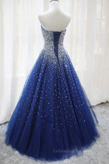Black Wedding Dress, Gorgeous Strapless Blue Tulle Beaded Long Prom Dresses, Beaded Blue Formal Evening Dresses, Beaded Ball Gown