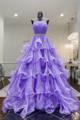 Evening Dress For Wedding Guest, Gorgeous Strapless Layered Purple Tulle Long Prom Dresses with Belt, Purple Formal Evening Dresses, Purple Ball Gown