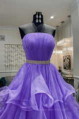 Evening Dresses For Wedding Guest, Gorgeous Strapless Layered Purple Tulle Long Prom Dresses with Belt, Purple Formal Evening Dresses, Purple Ball Gown