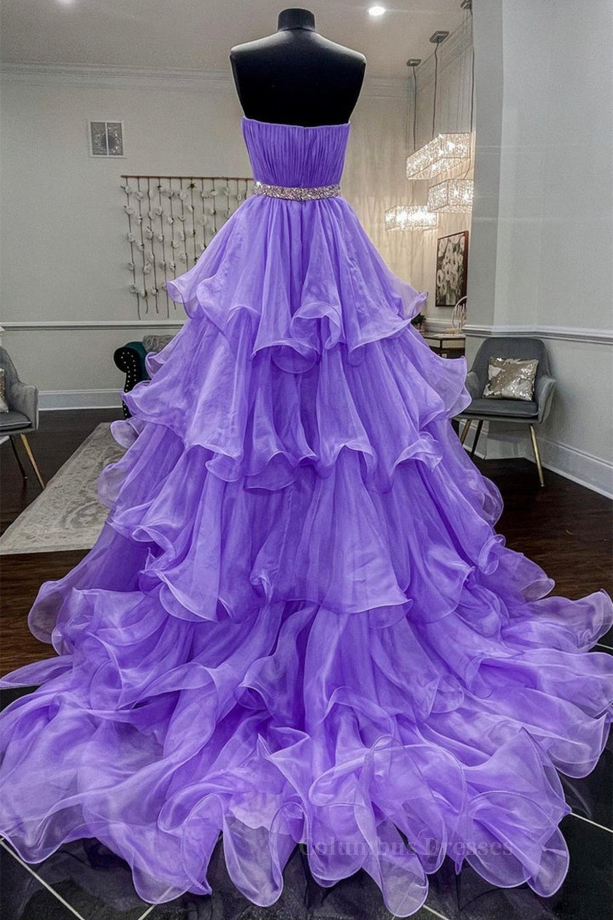 Evening Dresses Off The Shoulder, Gorgeous Strapless Layered Purple Tulle Long Prom Dresses with Belt, Purple Formal Evening Dresses, Purple Ball Gown
