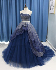 Bridesmaid Dresses Different Style, Gorgeous Tulle Strapless Beaded Long Layered Evening Dress, Blue Formal Dress Prom Dress