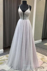 Homecome Dresses Short Prom, Gorgeous V Neck Backless Beaded Gray Tulle Long Prom Dresses, Backless Grey Formal Graduation Evening Dresses