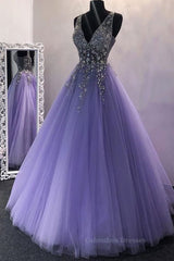 Prom Dress Chiffon, Gorgeous V Neck Beaded Purple Tulle Long Prom Dress, V Neck Purple Formal Evening Dress, Purple Ball Gown