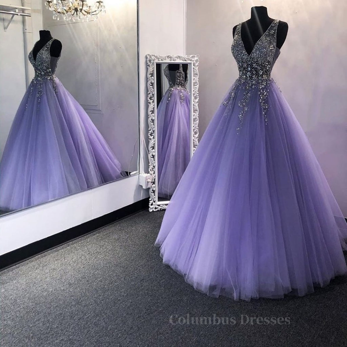 Prom Dress And Boots, Gorgeous V Neck Beaded Purple Tulle Long Prom Dress, V Neck Purple Formal Evening Dress, Purple Ball Gown