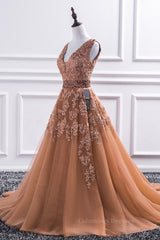 Classy Prom Dress, Gorgeous V Neck Champagne Lace Long Prom Dress, Champagne Lace Formal Graduation Evening Dress