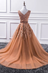 Short Dress, Gorgeous V Neck Champagne Lace Long Prom Dress, Champagne Lace Formal Graduation Evening Dress