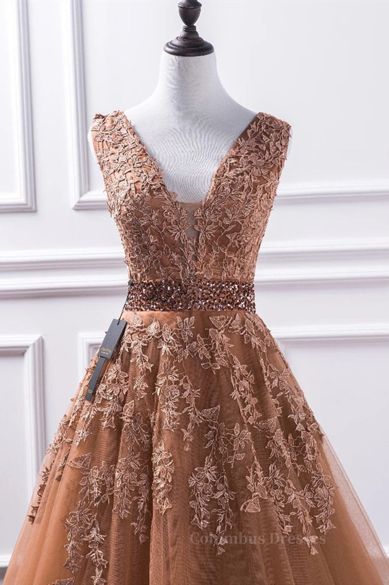 Quince Dress, Gorgeous V Neck Champagne Lace Long Prom Dress, Champagne Lace Formal Graduation Evening Dress