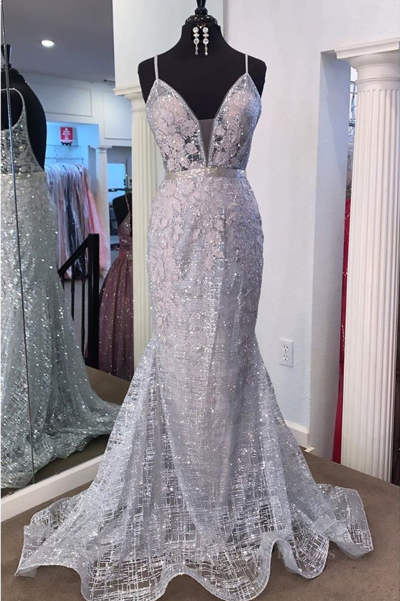 Formal Dress For Teen, Gorgeous V Neck Mermaid Backless Silver Gray Prom Dress, Mermaid Silver Gray Formal Dress, Backless Silver Gray Evening Dress