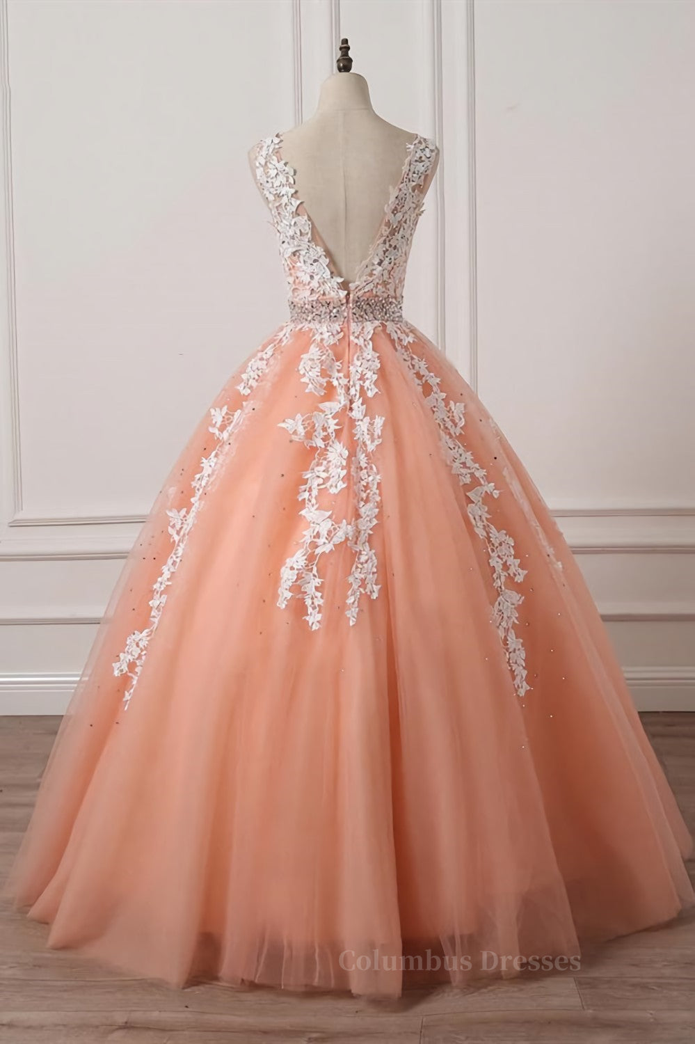 Bridesmaid Dresses Cheap, Gorgeous V Neck Open Back Coral Lace Floral Long Prom Dress, Coral Lace Formal Dress, Coral Evening Dress with Appliques