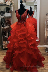 Black Prom Dress, Gorgeous V Neck Open Back Red Lace Long Prom Dress, Red Lace Formal Evening Dress, Red Ball Gown