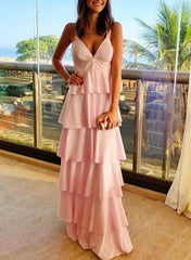 Party Dress For Girl, Gorgeous V Neck Pink Long Prom Dress,  Formal Evening Dress