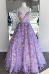 Bridesmaid Dresses Idea, Gorgeous V Neck Thin Straps Purple Long Prom Dress, V Neck Purple Formal Evening Dress, Purple Ball Gown