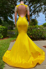 Evening Dresses Store, Gorgeous Yellow Long Mermaid Tassel Off the Shoulder Satin Backless Prom Dress with Ruffles