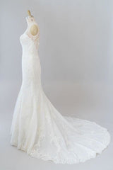 Wedding Dresses Lace Sleeves, Graceful Illusion Appliques Mermaid Wedding Dress