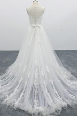 Wedding Dress Colored, Graceful Long A-line Appliques Tulle Backless Wedding Dress