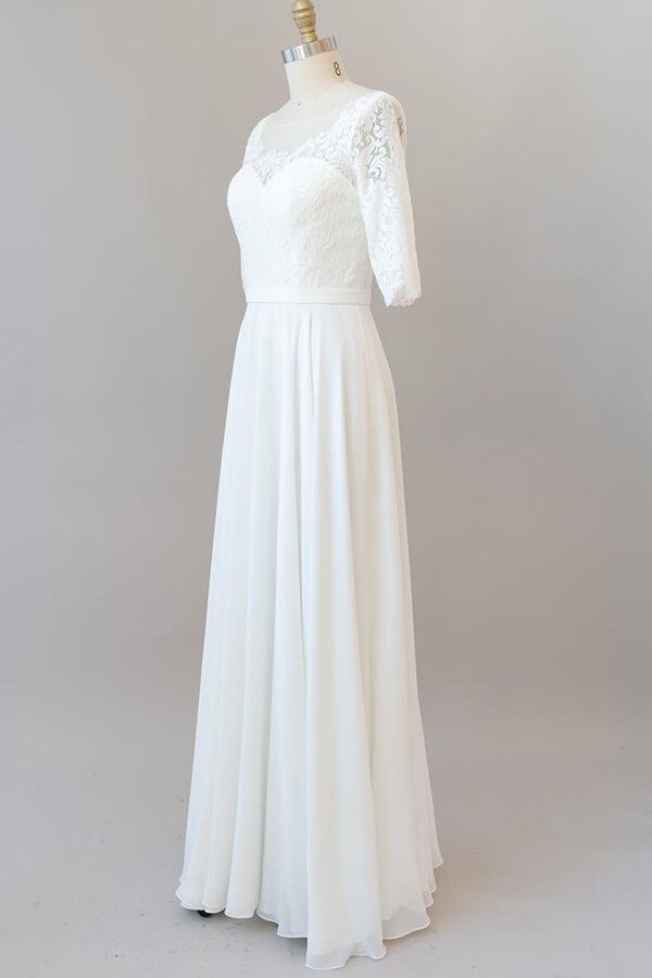 Wedding Dress For Bride, Graceful Long A-line Lace Chiffon Wedding Dress with Sleeves