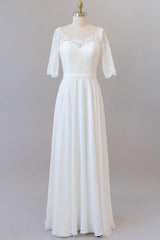 Wedding Dresses Simple Lace, Graceful Long A-line Lace Chiffon Wedding Dress with Sleeves