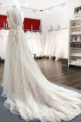 Wedding Dress Trains, Graceful Long A-line Tulle V-neck Lace Backless Wedding Dresses