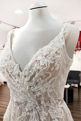 Wedding Dress On Sale, Graceful Long A-line Tulle V-neck Lace Backless Wedding Dresses