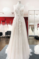 Wedding Dress For Sale, Graceful Long A-line Tulle V-neck Lace Backless Wedding Dresses