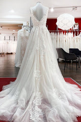 Wedding Dress With Color, Graceful Long A-line Tulle V Neck Lace Open Back Wedding Dresses