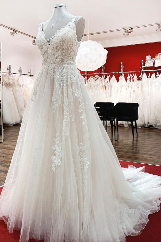 Wedding Dresses With Color, Graceful Long A-line Tulle V Neck Lace Open Back Wedding Dresses