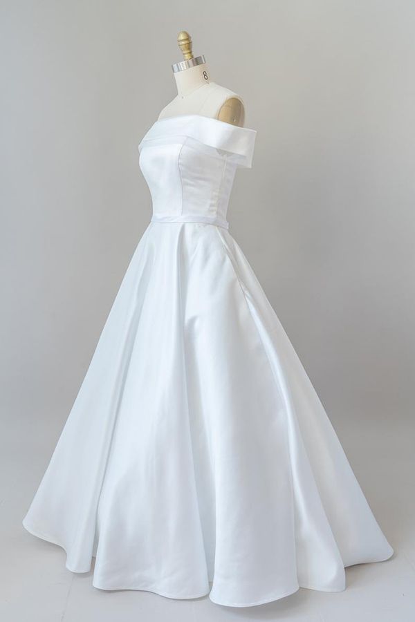 Wedding Dress With Long Sleeves, Graceful Long Ball Gown Off Shoulder Satin Wedding Dress