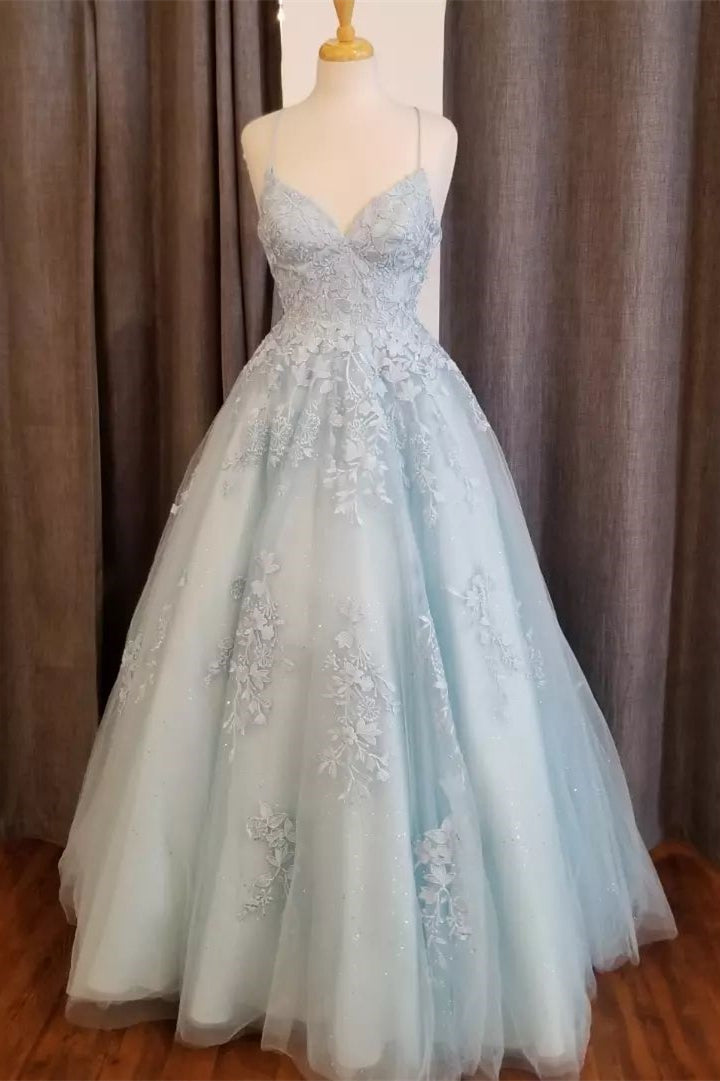 Bridesmaid Dresses Photos Gallery, Light Blue Straps Appliques Tulle A-line Long Prom Dress