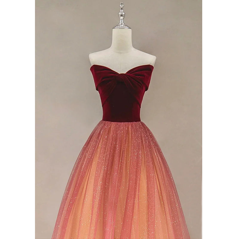 Prom Outfit, Gradient Red Tulle with Velvet Long Party Dress, Cute Floor Length Formal Dress
