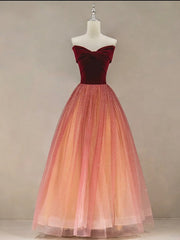 Aesthetic Dress, Gradient Red Tulle with Velvet Long Party Dress, Cute Floor Length Formal Dress