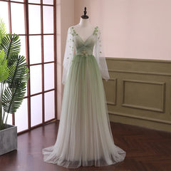 Formal Dresses Off The Shoulder, Gradient Tulle Green Beaded Long Sleeves Party Dress, Green Formal Dress
