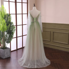Formal Dresses Cocktail, Gradient Tulle Green Beaded Long Sleeves Party Dress, Green Formal Dress