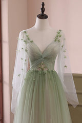 Prom Dress Long Elegant, Gradient Tulle Green Long Sleeves Party Dress, Green Evening Formal Dresses