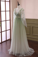 Prom Dresses Silk, Gradient Tulle Green Long Sleeves Party Dress, Green Evening Formal Dresses