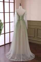 Prom Dress Pieces, Gradient Tulle Green Long Sleeves Party Dress, Green Evening Formal Dresses