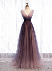 Evening Dresses Classy, Gradient V-neckline Tulle Long Prom Dress Party Dress, Gradient Evening Gown