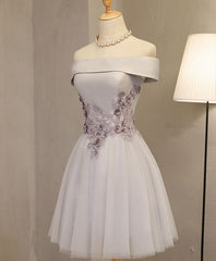 Formal Dress Styles, Gray A Line Off Shoulder Knee Length Prom Dress, Lace Homecoming Dresses