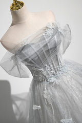 Prom Dresses Short, Gray A-Line Off the Shoulder Tulle Prom Dress, Lovely Corset Floor Length Party Dress