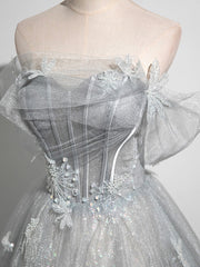 Prom Dress Ideas, Gray A-Line Off the Shoulder Tulle Prom Dress, Lovely Corset Floor Length Party Dress