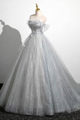 Prom Dresses Under 102, Gray A-Line Off the Shoulder Tulle Prom Dress, Lovely Corset Floor Length Party Dress