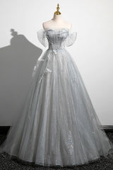 Prom Dresses Long, Gray A-Line Off the Shoulder Tulle Prom Dress, Lovely Corset Floor Length Party Dress