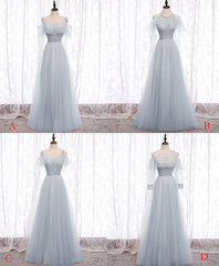 Formal Dresses Modest, Gray A line Tulle Long Prom Dress, Gray Formal Bridesmaid Dress
