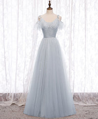 Formal Dress Modest, Gray A line Tulle Long Prom Dress, Gray Formal Bridesmaid Dress