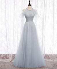 Formal Dress For Beach Wedding, Gray A line Tulle Long Prom Dress, Gray Formal Bridesmaid Dress